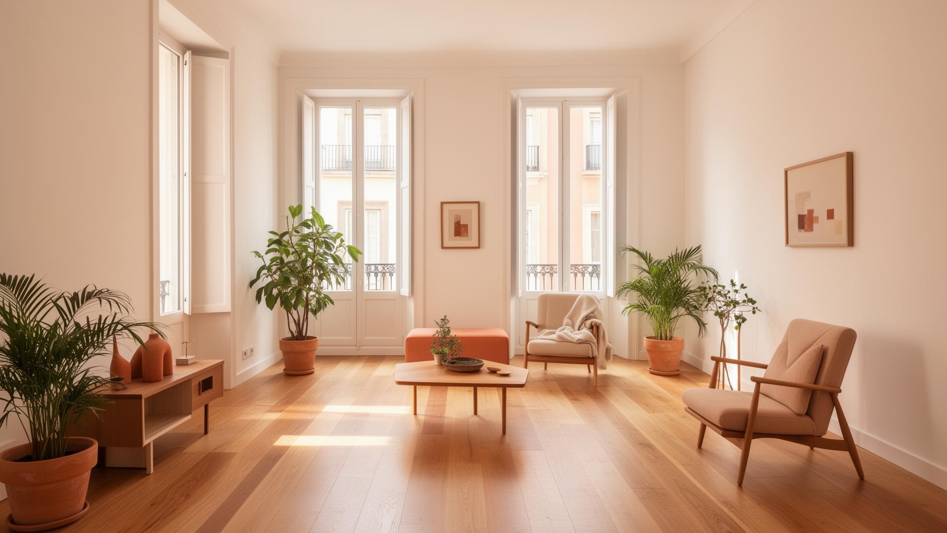 Salón reformado en un piso de Madrid con luz natural